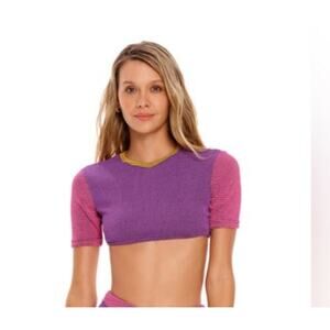 Agua Bendita Hazel Swim Crop Top Short Sleeve Purple Pink Size 3XL NWT